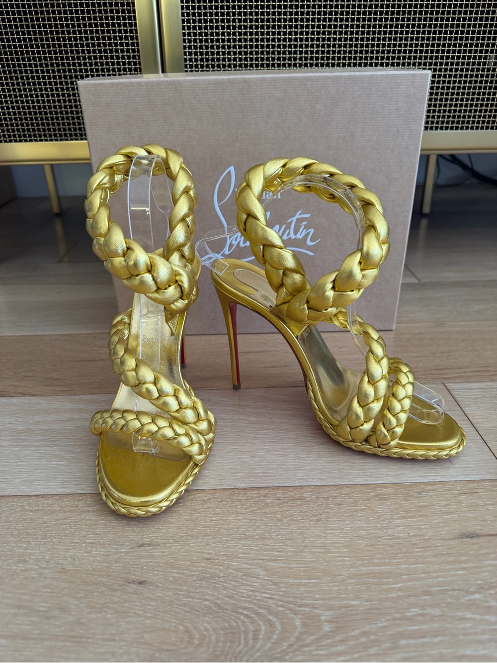 New Christian Louboutin Fatima 120 Gold Braided Leather Sandals 8.5 with box - Picture 3 of 8